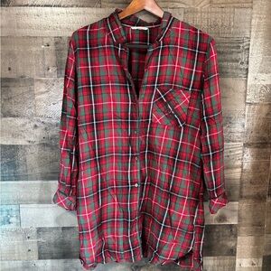 Victoria's Secret Red and Green Plaid Button-Up Night Shirt Large front pocket